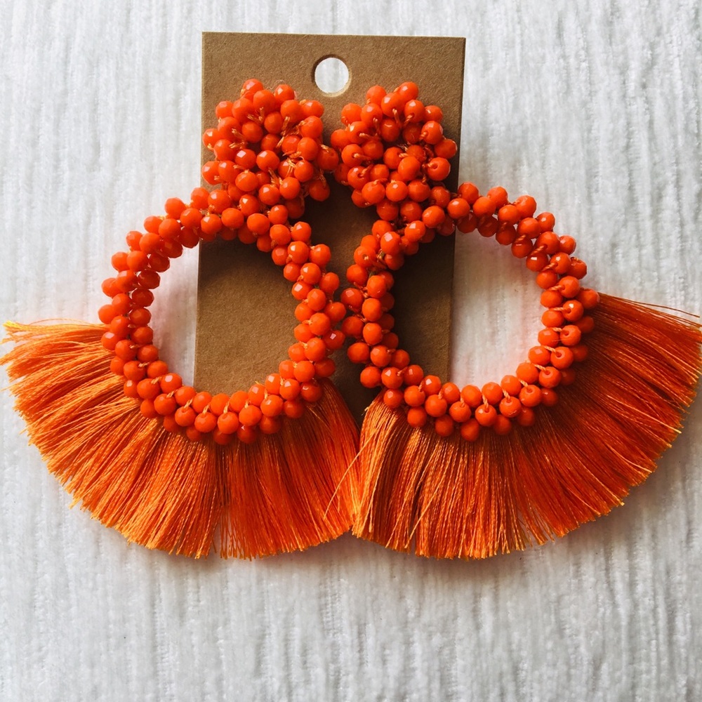 Orange beaded tassel drop earrings
